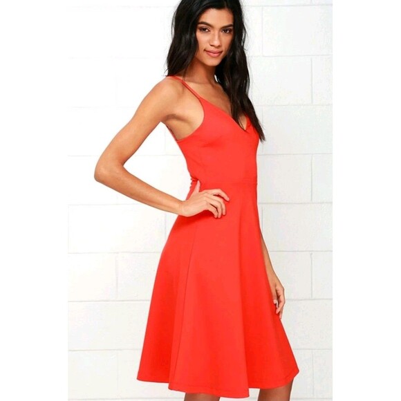 Lulus Coral Red Cocktail Midi Dress Womens LG Stretch V Neck Sexy Elegant Classy - Picture 2 of 14